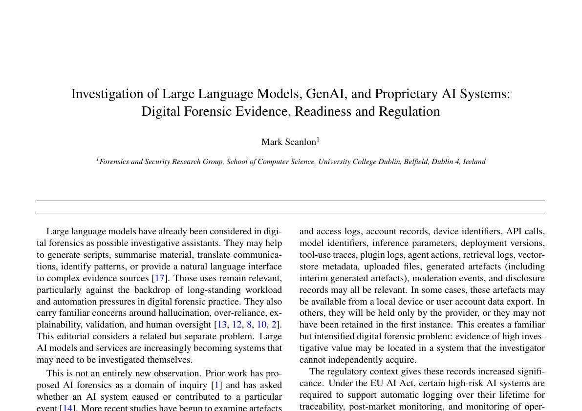 Preview of Investigation of large language models, GenAI, and proprietary AI systems: Digital forensic evidence, readiness and regulation