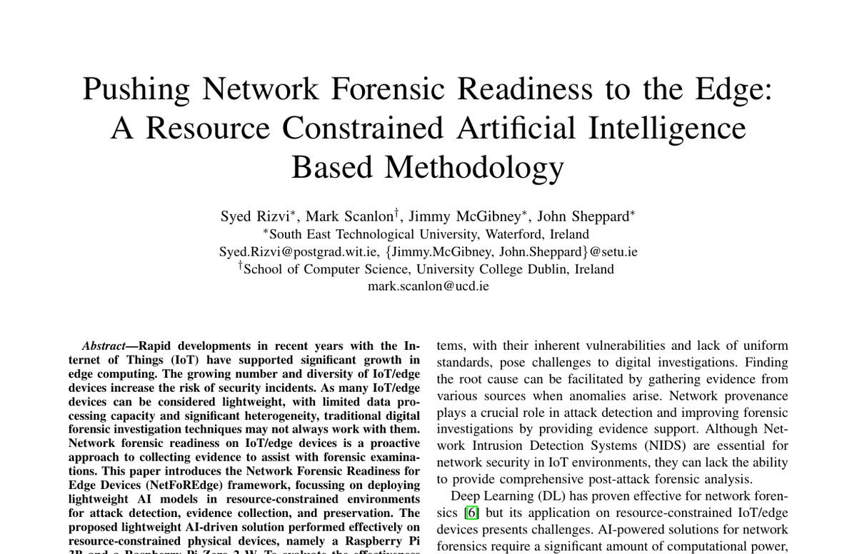 Preview of Pushing Network Forensic Readiness to the Edge: A Resource Constrained Artificial Intelligence Based Methodology
