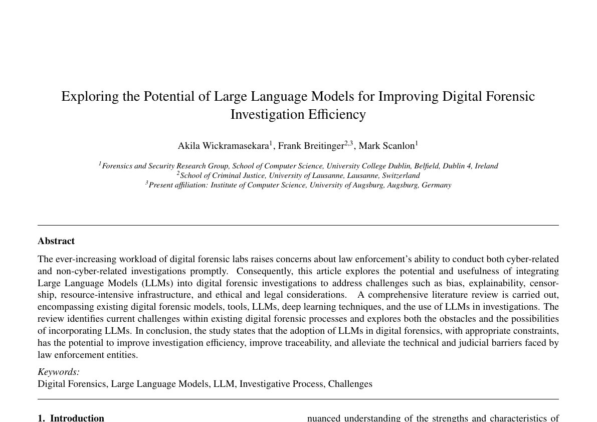Preview of Exploring the Potential of Large Language Models for Improving Digital Forensic Investigation Efficiency