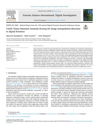 First-page preview of VAAS: Vision-Attention Anomaly Scoring for image manipulation detection in digital forensics